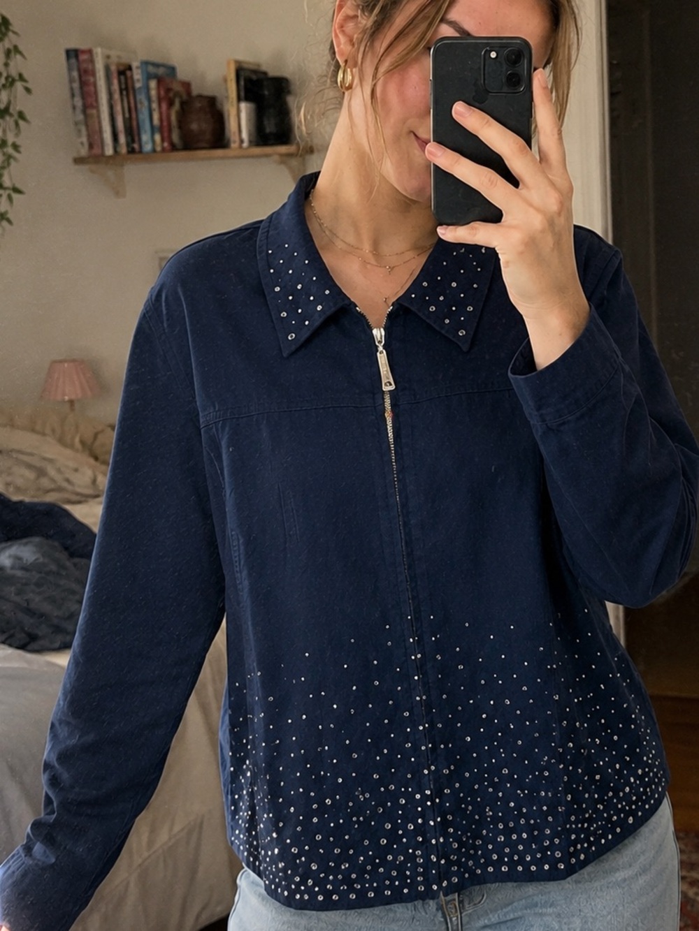 Quacker Factory Navy Rhinestone Jacket Size L Zip Front Embellished Bling NWT